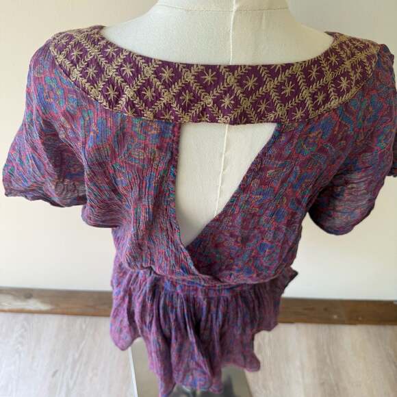 Free People Purple Paisley Embroidered Drawstring Waist Boho Blouse - Picture 11 of 12